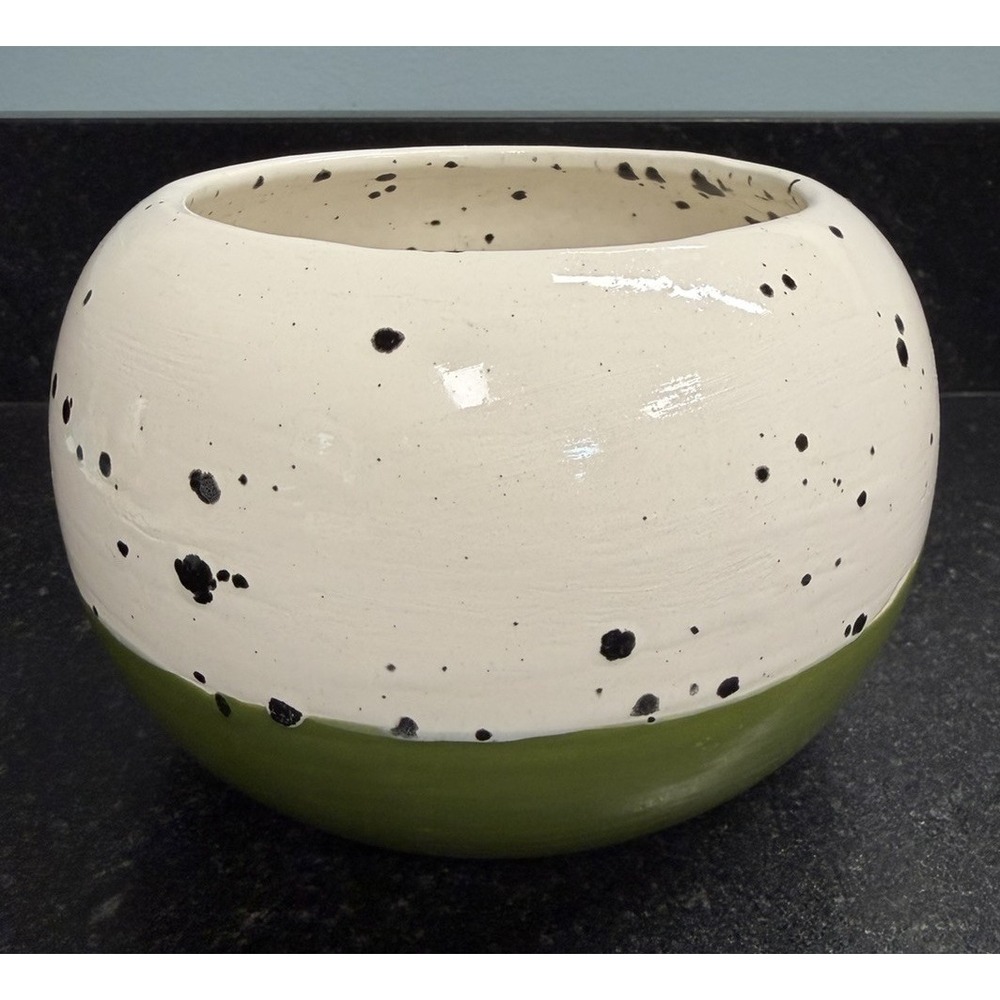 ALR Handmade Pottery Bowl Planter Speckled Green Cream Art Ceramic 6" USA